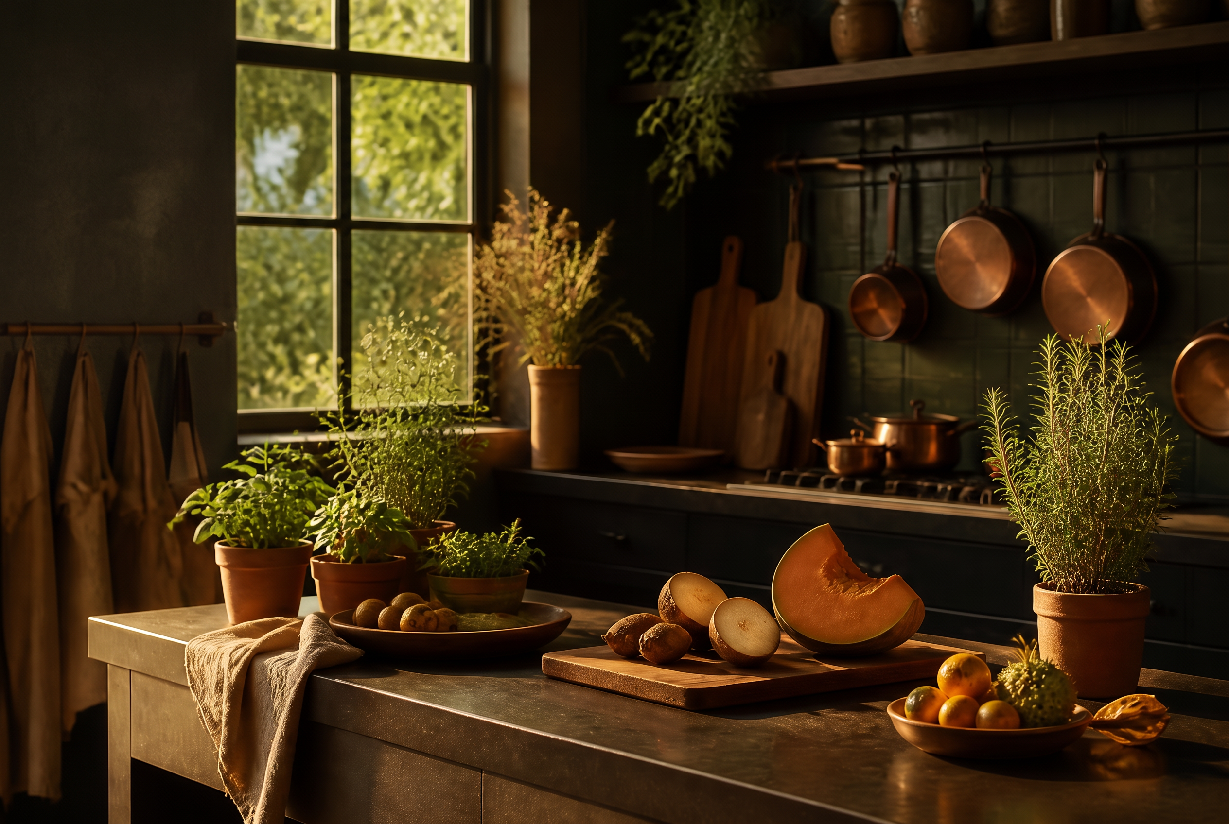 Cozinha profissional brasileira sustentável com ingredientes locais, ervas frescas e utensílios de cobre